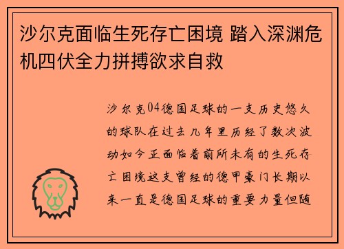 沙尔克面临生死存亡困境 踏入深渊危机四伏全力拼搏欲求自救