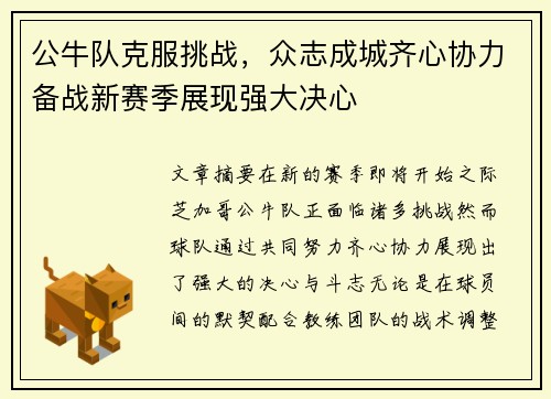 公牛队克服挑战，众志成城齐心协力备战新赛季展现强大决心