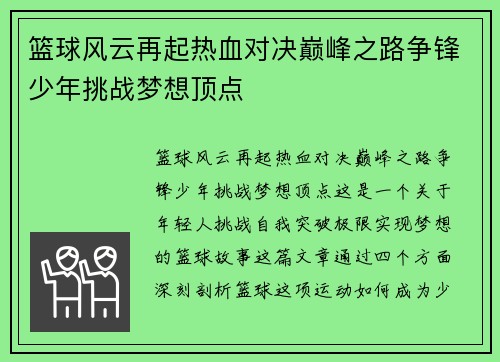 篮球风云再起热血对决巅峰之路争锋少年挑战梦想顶点