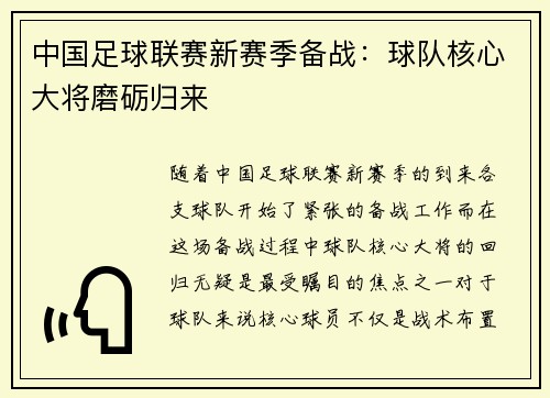 中国足球联赛新赛季备战：球队核心大将磨砺归来