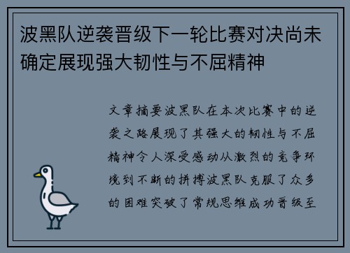 波黑队逆袭晋级下一轮比赛对决尚未确定展现强大韧性与不屈精神