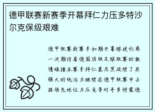 德甲联赛新赛季开幕拜仁力压多特沙尔克保级艰难